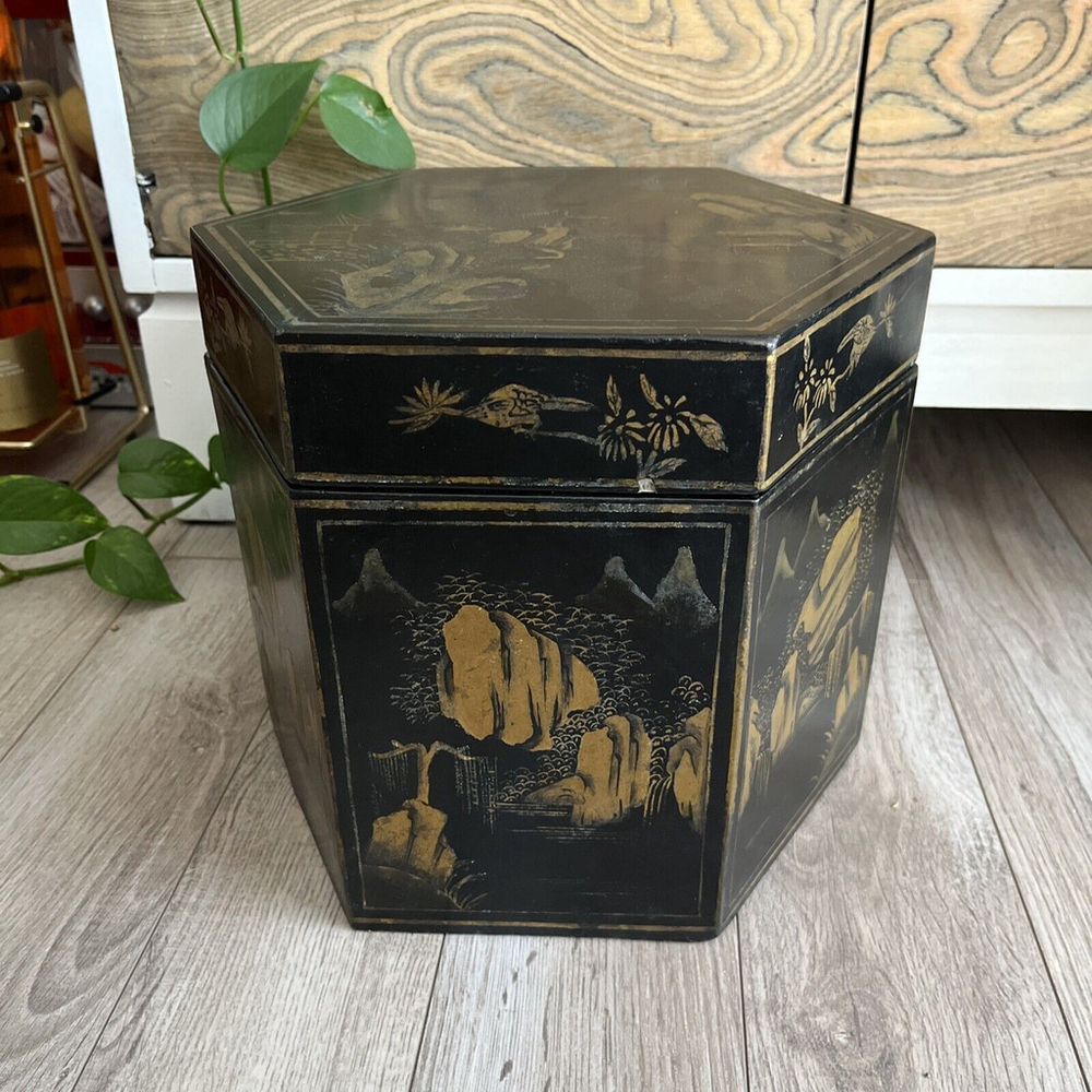 Vintage Japanese Large Lidded Lacquer Box Hat Storage Waterfall Mountain Octagon